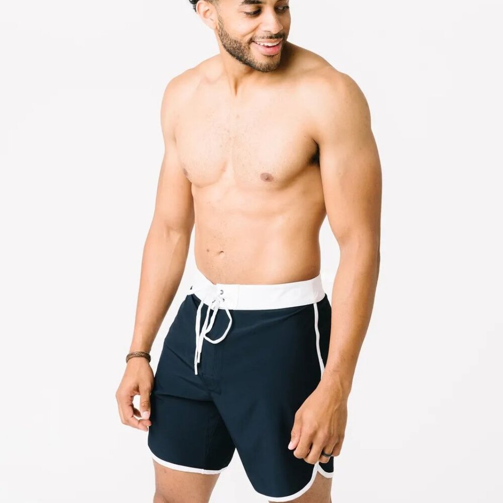 NWT ZYIA Active Men's Navy Reef Block Board Shorts Blue White Swim Surf XXL